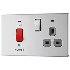 LAP 45A 2-Gang DP Cooker Switch & 13A DP Switched Socket Brushed Stainless Steel with LED with Graphite Inserts