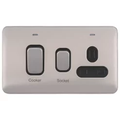 Schneider Electric Lisse Deco 45A 2-Gang DP Cooker Switch & 13A DP Switched Socket Brushed Stainless Steel with LED with Black Inserts -Steel Switches Sales 137CC A1