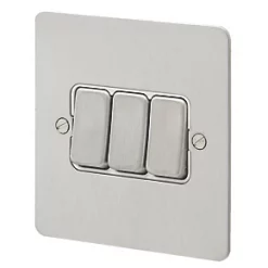MK Edge 10AX 3-Gang 2-Way Switch Brushed Stainless Steel with White Inserts