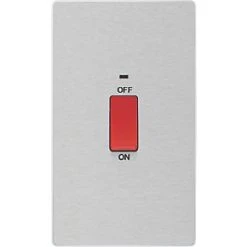 British General Evolve 45A 1-Gang 2-Pole Cooker Switch Brushed Steel with LED with White Inserts -Steel Switches Sales 174PY A2