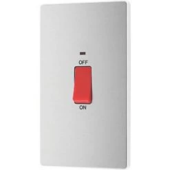 British General Evolve 45A 1-Gang 2-Pole Cooker Switch Brushed Steel with LED with White Inserts -Steel Switches Sales 174PY A3