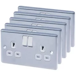 LAP 13A 2-Gang SP Switched Plug Socket Brushed Stainless Steel with White Inserts 5 Pack