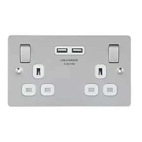 LAP 13A 2-Gang SP Switched Socket + 3.1A 2-Outlet Type A USB Charger Brushed Stainless Steel with White Inserts 4 LAP 13A 2-Gang SP Switched Socket + 3.1A 2-Outlet Type A USB Charger Brushed Stainless Steel with White Inserts - Image 2