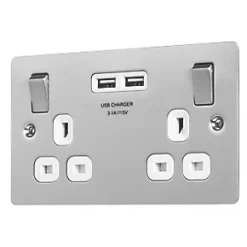 LAP 13A 2-Gang SP Switched Socket + 3.1A 2-Outlet Type A USB Charger Brushed Stainless Steel with White Inserts
