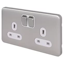 Schneider Electric Lisse Deco 13A 2-Gang SP Switched Plug Socket Brushed Stainless Steel with White Inserts