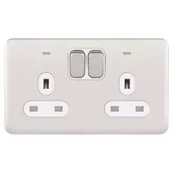 Schneider Electric Lisse Deco 13A 2-Gang DP Switched Plug Socket Brushed Stainless Steel with White Inserts -Steel Switches Sales 199FF A1