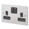 MK Edge 13A 2-Gang DP Switched Plug Socket Brushed Stainless Steel with Neon with Black Inserts