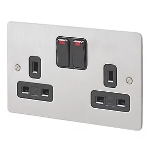 MK Edge 13A 2-Gang DP Switched Plug Socket Brushed Stainless Steel with Neon with Black Inserts 3 MK Edge 13A 2-Gang DP Switched Plug Socket Brushed Stainless Steel with Neon with Black Inserts