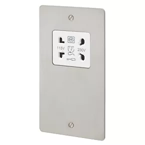 MK Edge 2-Gang Dual Voltage Shaver Socket 115 / 230V Brushed Stainless Steel with White Inserts 3 MK Edge 2-Gang Dual Voltage Shaver Socket 115 / 230V Brushed Stainless Steel with White Inserts