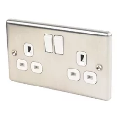 LAP 13A 2-Gang SP Switched Plug Socket Brushed Stainless Steel with White Inserts