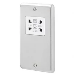 MK Albany Plus 2-Gang Dual Voltage Shaver Socket 115 / 230V Brushed Stainless Steel with White Inserts