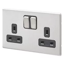 MK Aspect 13A 2-Gang DP Switched Plug Socket Brushed Stainless Steel with Black Inserts
