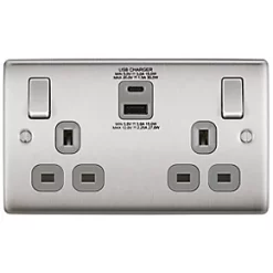 British General Nexus Metal 13A 2-Gang SP Switched Socket + 3A 2-Outlet Type A & C USB Charger Brushed Steel with Graphite Inserts