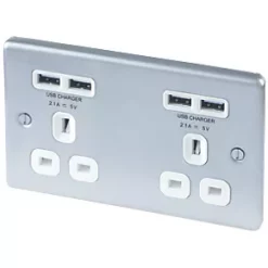 LAP 13A 2-Gang Unswitched Socket + 4.2A 4-Outlet Type A USB Charger Brushed Stainless Steel with White Inserts