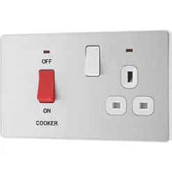 British General Evolve 45A 2-Gang 2-Pole Cooker Switch & 13A DP Switched Socket Brushed Steel with LED with White Inserts -Steel Switches Sales 255PX A3