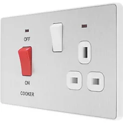 British General Evolve 45A 2-Gang 2-Pole Cooker Switch & 13A DP Switched Socket Brushed Steel with LED with White Inserts -Steel Switches Sales 255PX A4
