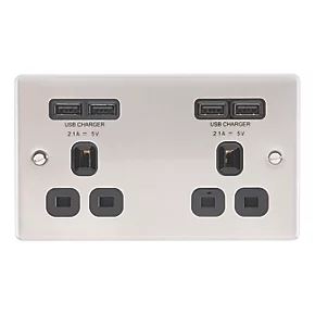 LAP 13A 2-Gang Unswitched Socket + 4.2A 4-Outlet Type A USB Charger Brushed Stainless Steel with Black Inserts 4 LAP 13A 2-Gang Unswitched Socket + 4.2A 4-Outlet Type A USB Charger Brushed Stainless Steel with Black Inserts - Image 2