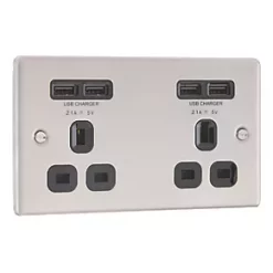 LAP 13A 2-Gang Unswitched Socket + 4.2A 4-Outlet Type A USB Charger Brushed Stainless Steel with Black Inserts 10 LAP 13A 2-Gang Unswitched Socket + 4.2A 4-Outlet Type A USB Charger Brushed Stainless Steel with Black Inserts -Steel Switches Sales 2564T A2
