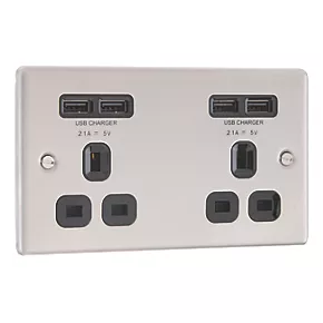 LAP 13A 2-Gang Unswitched Socket + 4.2A 4-Outlet Type A USB Charger Brushed Stainless Steel with Black Inserts 5 LAP 13A 2-Gang Unswitched Socket + 4.2A 4-Outlet Type A USB Charger Brushed Stainless Steel with Black Inserts - Image 3