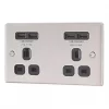 LAP 13A 2-Gang Unswitched Socket + 4.2A 4-Outlet Type A USB Charger Brushed Stainless Steel with Black Inserts -Steel Switches Sales 2564T P