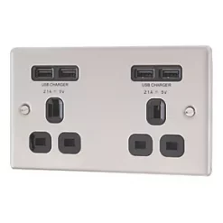 LAP 13A 2-Gang Unswitched Socket + 4.2A 4-Outlet Type A USB Charger Brushed Stainless Steel with Black Inserts