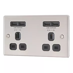LAP 13A 2-Gang Unswitched Socket + 4.2A 4-Outlet Type A USB Charger Brushed Stainless Steel with Black Inserts 3 LAP 13A 2-Gang Unswitched Socket + 4.2A 4-Outlet Type A USB Charger Brushed Stainless Steel with Black Inserts