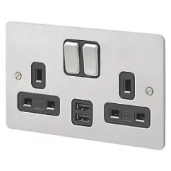 MK Edge 13A 2-Gang DP Switched Socket + 2A 2-Outlet Type A USB Charger Brushed Stainless Steel with Black Inserts