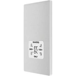 British General Evolve 2-Gang Dual Voltage Shaver Socket 115/240V Brushed Steel with White Inserts