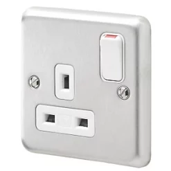 MK Albany Plus 13A 1-Gang DP Switched Plug Socket Brushed Stainless Steel with White Inserts