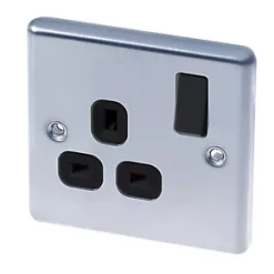 LAP 13A 1-Gang SP Switched Plug Socket Brushed Stainless Steel with Black Inserts