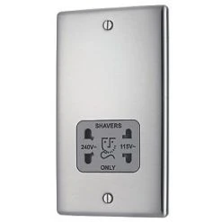 British General Nexus Metal 2-Gang Dual Voltage Shaver Socket 115 / 240V Brushed Stainless Steel with Graphite Inserts