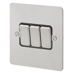 MK Edge 10AX 3-Gang 2-Way Light Switch Brushed Stainless Steel with Black Inserts
