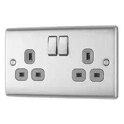 British General Nexus Metal 13A 2-Gang SP Switched Plug Socket Brushed Steel with Graphite Inserts