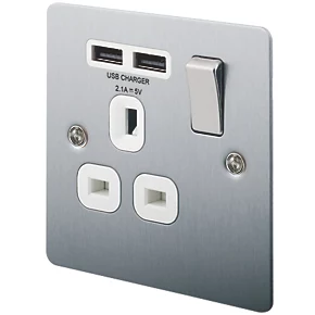 LAP 13A 1-Gang SP Switched Socket + 2.1A 2-Outlet Type A USB Charger Brushed Stainless Steel with White Inserts 3 LAP 13A 1-Gang SP Switched Socket + 2.1A 2-Outlet Type A USB Charger Brushed Stainless Steel with White Inserts
