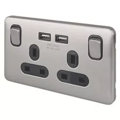 Schneider Electric Lisse Deco 13A 2-Gang SP Switched Socket + 2.1A 2-Outlet Type A USB Charger Brushed Stainless Steel with Black Inserts