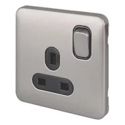 Schneider Electric Lisse Deco 13A 1-Gang SP Switched Plug Socket Brushed Stainless Steel with Black Inserts