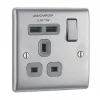 British General Nexus Metal 13A 1-Gang SP Switched Socket + 2.1A 2-Outlet Type A USB Charger Brushed Steel with Graphite Inserts -Steel Switches Sales 4846R P