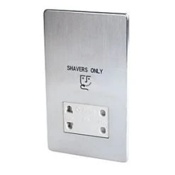 Crabtree Platinum 2-Gang Dual Voltage Shaver Socket 115 / 230V Satin Chrome with White Inserts