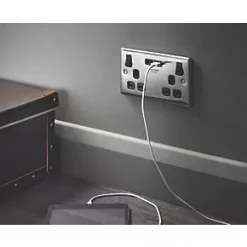 LAP 13A 2-Gang SP Switched Socket + 3.1A 2-Outlet Type A USB Charger Brushed Stainless Steel with Black Inserts -Steel Switches Sales 4962P A4