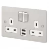MK Edge 13A 2-Gang DP Switched Socket + 2A 2-Outlet Type A USB Charger Brushed Stainless Steel with White Inserts -Steel Switches Sales 507HX P