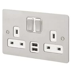 MK Edge 13A 2-Gang DP Switched Socket + 2A 2-Outlet Type A USB Charger Brushed Stainless Steel with White Inserts