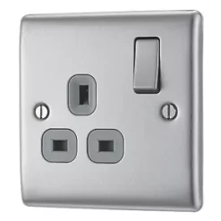 British General Nexus Metal 13A 1-Gang SP Switched Plug Socket Brushed Steel with Graphite Inserts