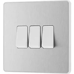 British General Evolve 20 A 16AX 3-Gang 2-Way Light Switch Brushed Steel with White Inserts -Steel Switches Sales 605PY A3