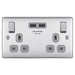 British General Nexus Metal 13A 2-Gang SP Switched Socket + 3.1A 2-Outlet Type A USB Charger Brushed Steel with Graphite Inserts 4 British General Nexus Metal 13A 2-Gang SP Switched Socket + 3.1A 2-Outlet Type A USB Charger Brushed Steel with Graphite Inserts - Image 2