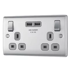 British General Nexus Metal 13A 2-Gang SP Switched Socket + 3.1A 2-Outlet Type A USB Charger Brushed Steel with Graphite Inserts