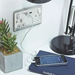 LAP 13A 2-Gang SP Switched Socket + 3.1A 2-Outlet Type A USB Charger Brushed Stainless Steel with White Inserts -Steel Switches Sales 6222P A4
