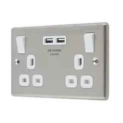 LAP 13A 2-Gang SP Switched Socket + 3.1A 2-Outlet Type A USB Charger Brushed Stainless Steel with White Inserts