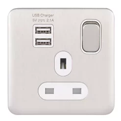 Schneider Electric Lisse Deco 13A 1-Gang SP Switched Socket + 2.1A 2-Outlet Type A USB Charger Brushed Stainless Steel with White Inserts -Steel Switches Sales 624FF A1