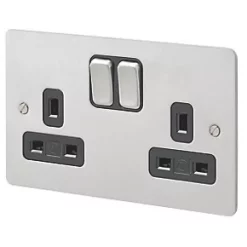 MK Edge 13A 2-Gang DP Switched Plug Socket Brushed Stainless Steel with Black Inserts