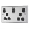 LAP 13A 2-Gang SP Switched Socket + 4.2A 2-Outlet Type A & C USB Charger Brushed Stainless Steel with Black Inserts -Steel Switches Sales 640HF P